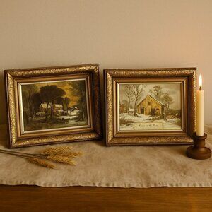 Currier Ives Rustic Winter Farm Wall Art Set of 2 VTG Framed Prints Americana